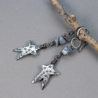 Raw Blue Sapphire Sterling Silver Star Dangle Earrings