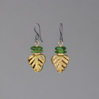 Golden Brass African Bead Earrings Accented with Green Jade