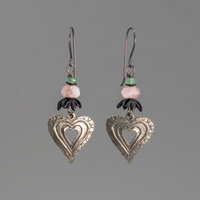 Rustic, Vintage-look Heart Earrings with Pewter Charms, Pink and Green Natural Gemstones