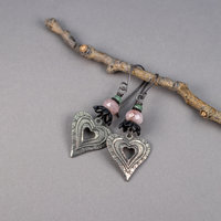 Rustic, Vintage-look Heart Earrings with Pewter Charms, Pink and Green Natural Gemstones