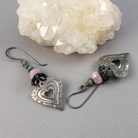 Rustic, Vintage-look Heart Earrings with Pewter Charms, Pink and Green Natural Gemstones
