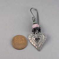 Rustic, Vintage-look Heart Earrings with Pewter Charms, Pink and Green Natural Gemstones