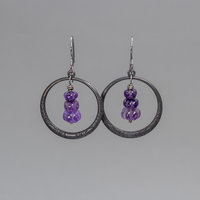 Black Brass Circle Earrings with Carved Amethyst Gemstones
