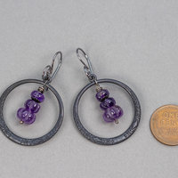 Black Brass Circle Earrings with Carved Amethyst Gemstones