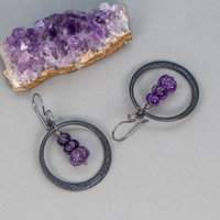Black Brass Circle Earrings with Carved Amethyst Gemstones