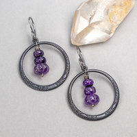 Black Brass Circle Earrings with Carved Amethyst Gemstones