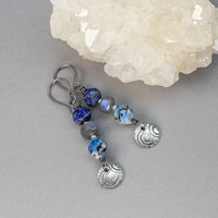 Blue Stone Earrings with Handcrafted Dangling Sterling Silver Charms