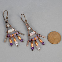 Handmade Boho Purple Fan Earrings, Copper Earrings with Amethyst and Rainbow Moonstone