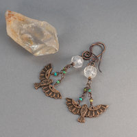 Flying Bird Dangle Earrings with Turquoise and Golden Quartz