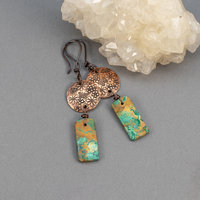 Chrysocolla Dangle Earrings, Handcrafted Copper Wildflower Earrings with Green Brown Stones