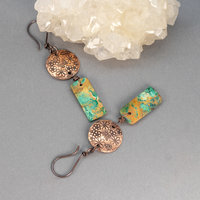 Chrysocolla Dangle Earrings, Handcrafted Copper Wildflower Earrings with Green Brown Stones