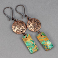 Chrysocolla Dangle Earrings, Handcrafted Copper Wildflower Earrings with Green Brown Stones