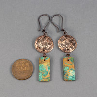 Chrysocolla Dangle Earrings, Handcrafted Copper Wildflower Earrings with Green Brown Stones