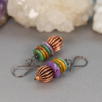 Chunky Copper and Natural Stone Beaded Earrings, Turquoise and Charoite Earrings