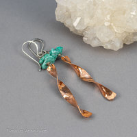 Copper "Windchime" Earrings with Turquoise Chips, Mixed Metal Sculptural Earrings
