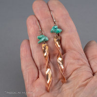 Copper "Windchime" Earrings with Turquoise Chips, Mixed Metal Sculptural Earrings