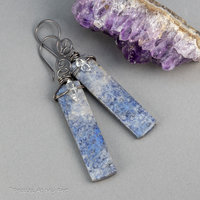 Dumortierite Slab Earrings, Blue Stone Earrings with Sparkling Herkimer Quartz Crystals
