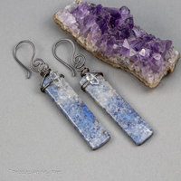 Dumortierite Slab Earrings, Blue Stone Earrings with Sparkling Herkimer Quartz Crystals