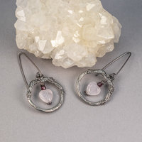 Vintage Style Earrings in Hearts and Flowers Theme, Rose Quartz and Garnet Earrings