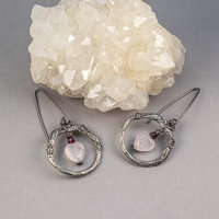 Vintage Style Earrings in Hearts and Flowers Theme, Rose Quartz and Garnet Earrings
