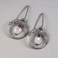 Vintage Style Earrings in Hearts and Flowers Theme, Rose Quartz and Garnet Earrings