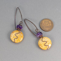 Rustic Copper Wire Wrap Earrings with Orange and Purple Stones