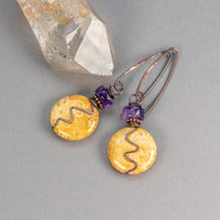 Rustic Copper Wire Wrap Earrings with Orange and Purple Stones