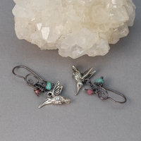 Nature-Inspired Earrings with Hummingbird Charms, Turquoise and Tourmaline Gemstones