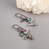 Nature-Inspired Earrings with Hummingbird Charms, Turquoise and Tourmaline Gemstones
