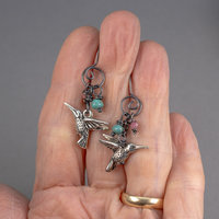 Nature-Inspired Earrings with Hummingbird Charms, Turquoise and Tourmaline Gemstones