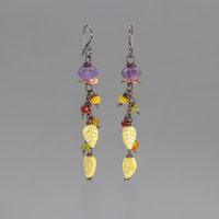 Falling Leaves Dangle Earrings, Amethyst and Serpentine Earrings in Copper