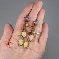 Falling Leaves Dangle Earrings, Amethyst and Serpentine Earrings in Copper