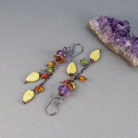 Falling Leaves Dangle Earrings, Amethyst and Serpentine Earrings in Copper