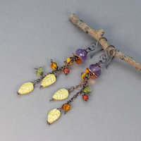 Falling Leaves Dangle Earrings, Amethyst and Serpentine Earrings in Copper