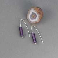 Modern Wire Threader Earrings, Sleek and Dainty Drop Earrings with Purple Stones