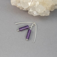 Modern Wire Threader Earrings, Sleek and Dainty Drop Earrings with Purple Stones