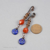 Long Tribal Style Dangle Earrings with Orange and Blue Natural Stones