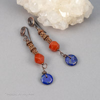 Long Tribal Style Dangle Earrings with Orange and Blue Natural Stones