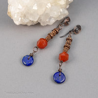 Long Tribal Style Dangle Earrings with Orange and Blue Natural Stones
