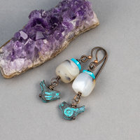 Little Bird Dangle Earrings with Turquoise and Agate Natural Stones