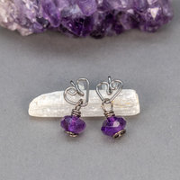 Handmade Niobium Post Earrings, Rustic Heart Studs with Amethyst Drop