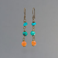 Genuine Turquoise Dangle Earrings with Red Botswana Agate Wired in Brass