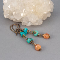 Genuine Turquoise Dangle Earrings with Red Botswana Agate Wired in Brass