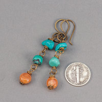 Genuine Turquoise Dangle Earrings with Red Botswana Agate Wired in Brass