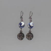 Man-in-the-Moon Dangle Earrings with Blue Sodalite and Mother of Pearl, Handmade in Copper