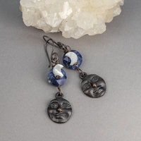 Man-in-the-Moon Dangle Earrings with Blue Sodalite and Mother of Pearl, Handmade in Copper