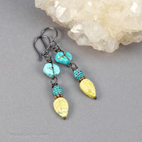 Yellow Leaf Earrings with Genuine Powder Blue Turquoise