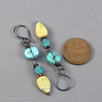 Yellow Leaf Earrings with Genuine Powder Blue Turquoise