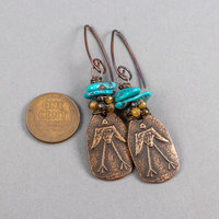 Primitive Bird Earrings, Turquoise and Tourmaline Earrings