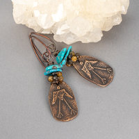 Primitive Bird Earrings, Turquoise and Tourmaline Earrings
